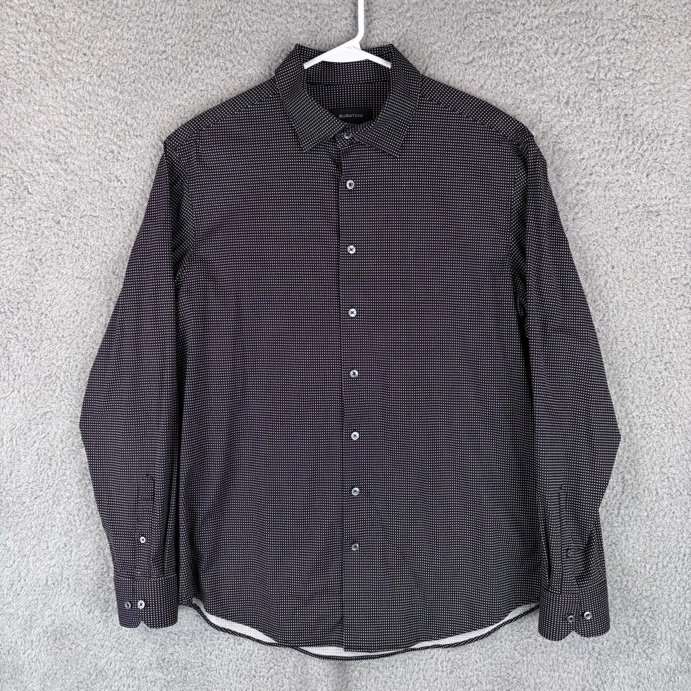 Bugatchi Dress Shirt Men XL Black White Polka Dot 8 Way Stretch Button